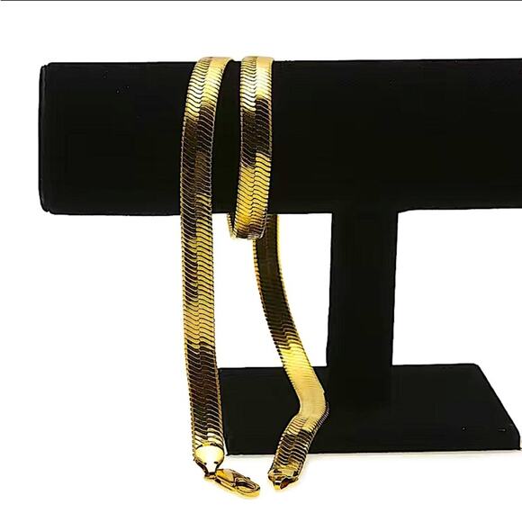 Gold Herringbone Flat Necklace Bracelet Set, Unisex, Two Piece 4mm - Picture 8 of 10